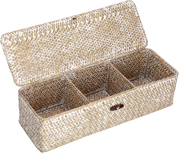 Hipiwe Storage Basket with Lid 3 Sections Handwoven Seagrass Basket Rectangular Closet Organizer Bin Multipurpose Storage Box for Bathroom Shelf Kitchen, Whitewash
