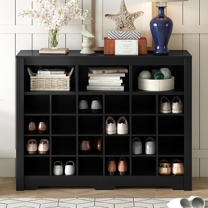 JIVOIT Modern Square Shoe Cabinet with Curved Base, Sleek Design 24 Shoe Cubby Console, Versatile Sideboard for Hallway, Bedroom, Living Room (Black,Curved Base)