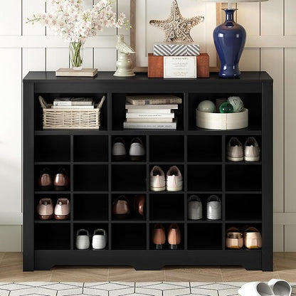 JIVOIT Modern Square Shoe Cabinet with Curved Base, Sleek Design 24 Shoe Cubby Console, Versatile Sideboard for Hallway, Bedroom, Living Room (Black,Curved Base)