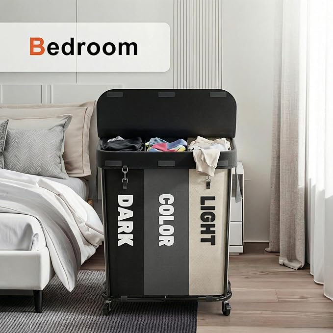 Laundry Sorter with Wheels 240L Rolling Laundry Cart,3 Compartment Designed Removable Laundry Bag for Daily Use in Bathrooms and Laundry Rooms (Black, 240L)