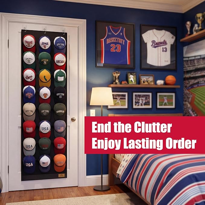 Hat Organizer for Baseball Caps, 24 Deep Pockets Hat Rack, Breathable & Visible, Black Hat Holder with 3 Hooks for Door, Bedroom, Closet Organizer