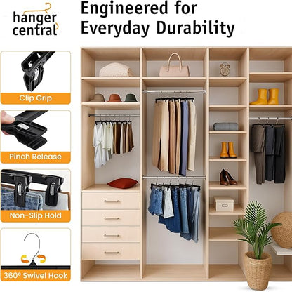 12 Pack Pants Hangers – 12 Inch Slim Plastic Clothes Hangers with Clips for Skirts, Pants, Shorts – Space Saving Heavy Duty Closet Organizer with Non Slip Grip & Swivel Hook – Black
