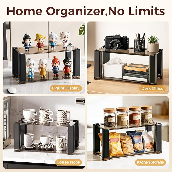 2-Tier Modern Minimalist Display Shelf, Multi-Purpose Organizer for Makeup, Perfume, Mugs, Figures, Clear Desktop Storage with Sturdy Frame for Bathroom, Kitchen, Office, and Home Decor B