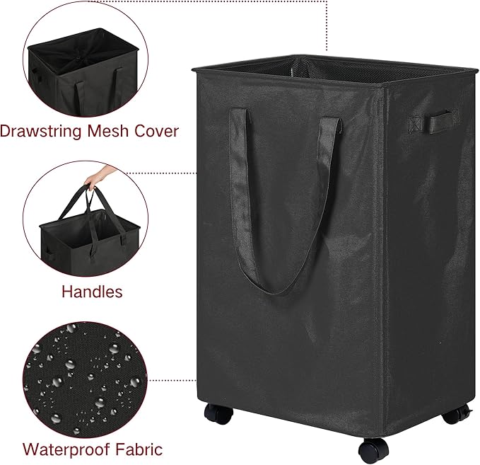 efluky Slim Laundry Hamper with Wheels, Rolling Laundry Basket for Clothes, Small Laundry Basket for Bedroom, Dorm and Laundry Room, 90L (19.8 Gallons) Black