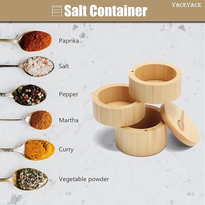 Bamboo Salt Cellar Bowl Box, 10oz Three-layer Small Salt and Pepper Containers, Bamboo Container Box with Lid and Spoon for Salt, Pepper