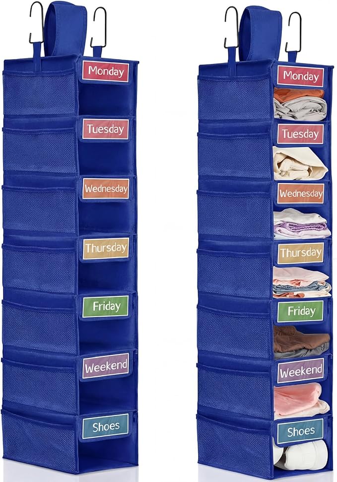 2 Pack 7 Shelf Weekly Clothes Organizer Hanging Closet for Kids with Side Pockets Weekday Shoes Rack Weekly Clothes Organizers Monday Through Weekend Foldable Storage Shelves (Dark Blue)