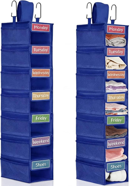 2 Pack 7 Shelf Weekly Clothes Organizer Hanging Closet for Kids with Side Pockets Weekday Shoes Rack Weekly Clothes Organizers Monday Through Weekend Foldable Storage Shelves (Dark Blue)