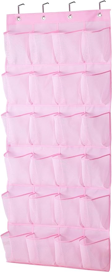 MISSLO Over The Door Shoe Organizer 24 Large Mesh Pockets (Pink)