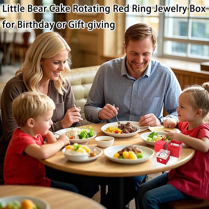 Little Bear Cake Rotating JewelryBox for Proposal - Rotating Ring Box Engagement Ring Box, Surprise Box Ring Bearer Box, necklace box for Birthday,Necklace Holder with Fabric Interior (red)