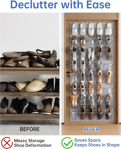NiHome Over the Door Shoe Organizer with 40 Clear Pockets, Hanging Closet Storage Rack for 20+ Pairs of Shoes, Waterproof PVC Space-Saving Headphone & Cell Phone Holder for Classroom Dorm, Laundry