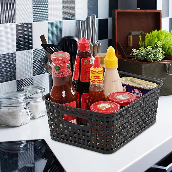 Sandmovie Black Plastic Rattan Storage Baskets, 6 Packs