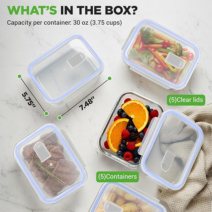 NutriChef 10 Piece Glass Food Storage Containers with Lids – 30 oz Meal Prep Containers Reusable – Airtight Glass Lunch Containers for Food Storage – Freezer to Oven Safe - Blue