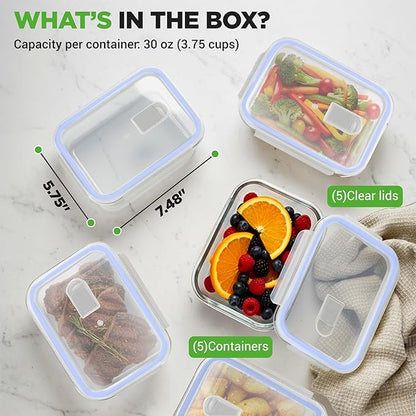 NutriChef 10 Piece Glass Food Storage Containers with Lids – 30 oz Meal Prep Containers Reusable – Airtight Glass Lunch Containers for Food Storage – Freezer to Oven Safe - Blue