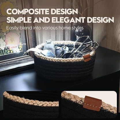 Sea Team 3-Pack Small Cotton Rope Storage Basket Set - Portable Round Organizers with Jute Braid for Small Items, Keys, Makeup & Trinkets