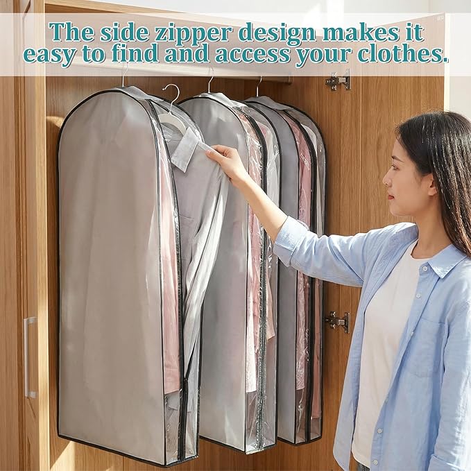 3 Packs 10" Gusseted Garment Bags for Hanging Clothes 60" Suit Bags for Closet Storage Side Clear Dress Bag Long Closet Waterproof Garment Covers for Closets Wardrobe Storage Traveling, Grey
