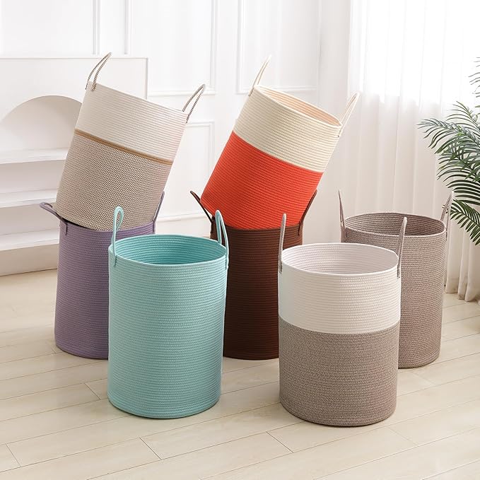 Laundry Basket Hamper Tall Rope Storage Woven for Blanket toys Dirty Clothes in Living Room Bathroom Bedroom (White&Brown, 100L/26.4Gal)