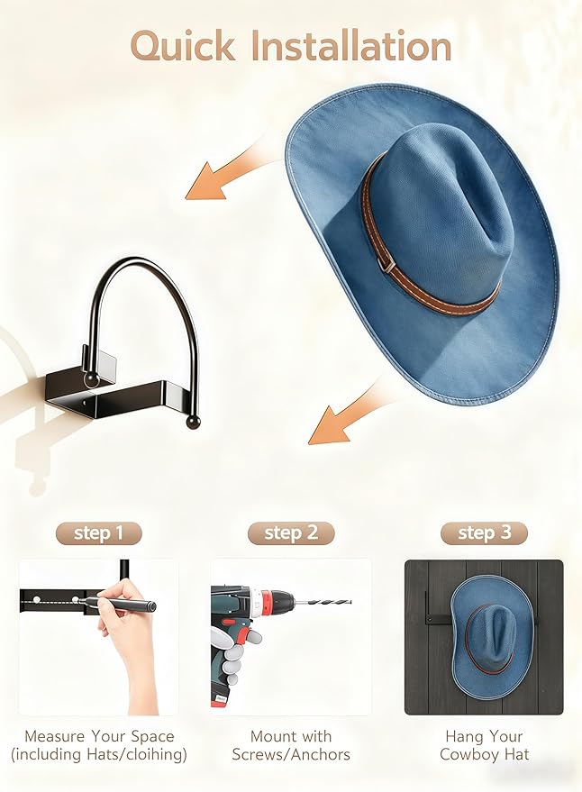 Cowboy Hat Holder (4-Pack) Heavy-Duty Metal Wall Mount Hooks for Display, Perfect Organizer for Cowboy Hat, Helmets, Towels & More - Modern Western Decor.