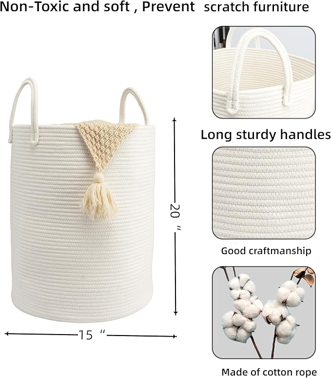 Woven Cotton Rope Laundry basket-15”X20” Laundry Hamper-Rope Storage Basket for Dirty Clothes, Toys and Blankets Perfect for Bathroom, Baby nursery and Living Room Storage (white)