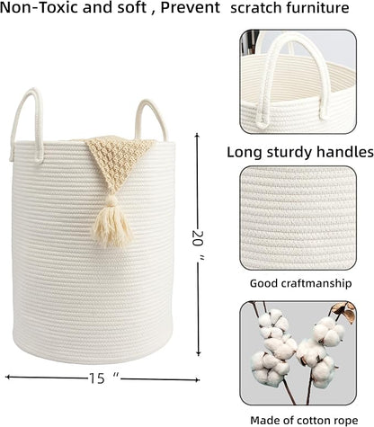 Woven Cotton Rope Laundry basket-15”X20” Laundry Hamper-Rope Storage Basket for Dirty Clothes, Toys and Blankets Perfect for Bathroom, Baby nursery and Living Room Storage (white)