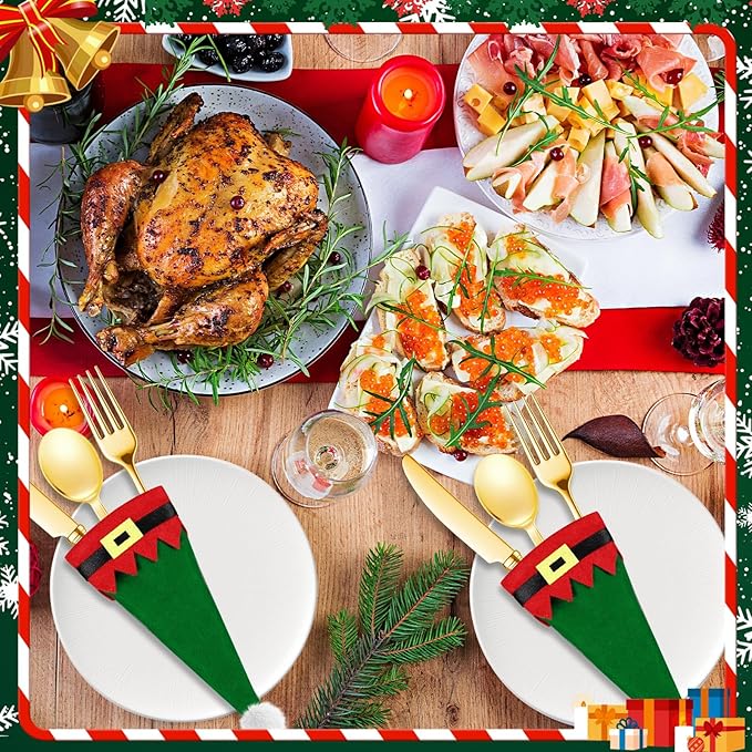 Hiboom Christmas Cutlery Holders 50 Pcs Hats Cutlery Holders Set Non Woven Fabric Silverware Storage Bag Santa Tableware Bags for Table Flatware Wine Bottle Xmas Tree Party Dinner