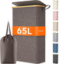 Lifewit 65L Slim Laundry Hamper with Lid, Narrow Laundry Basket with Removable Bag & Bamboo Handles, Fodable Thin Dirty Clothes Hamper for Laundry Collapsible Bin for Bathroom Bedroom Dorm, Brown