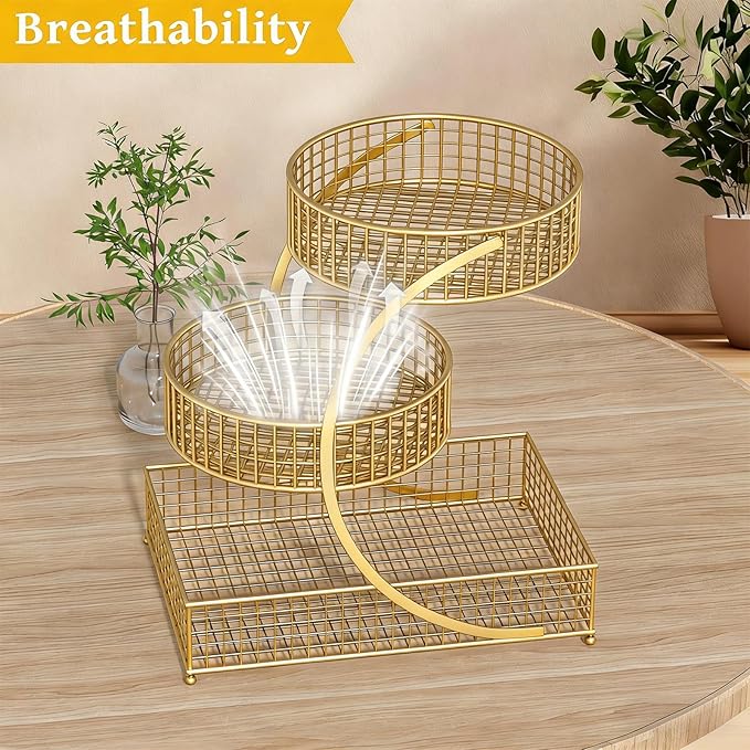 BCWW 3 Tiers Makeup Organizer Countertop Multi Bathroom Counter Organizer Metal Fruit Basket Perfume Skincare Organizers Holder for Vanities, Cabinet, Cosmetic, Dresser Organizer (Gold)