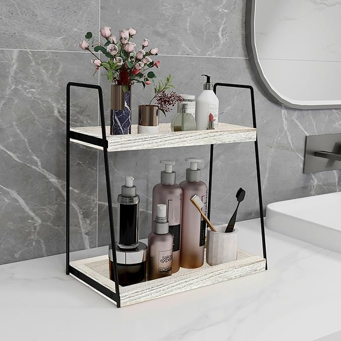Dorhors 2 Tier Bathroom Counter Organizer Storage,Vanity Organizer for Bathroom Counter,Wood Standing Rack for Kitchen(Rustic White)