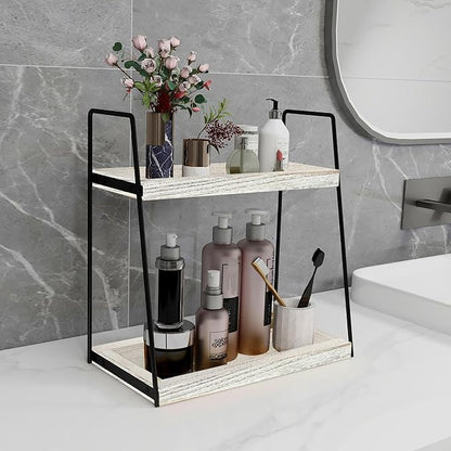 Dorhors 2 Tier Bathroom Counter Organizer Storage,Vanity Organizer for Bathroom Counter,Wood Standing Rack for Kitchen(Rustic White)