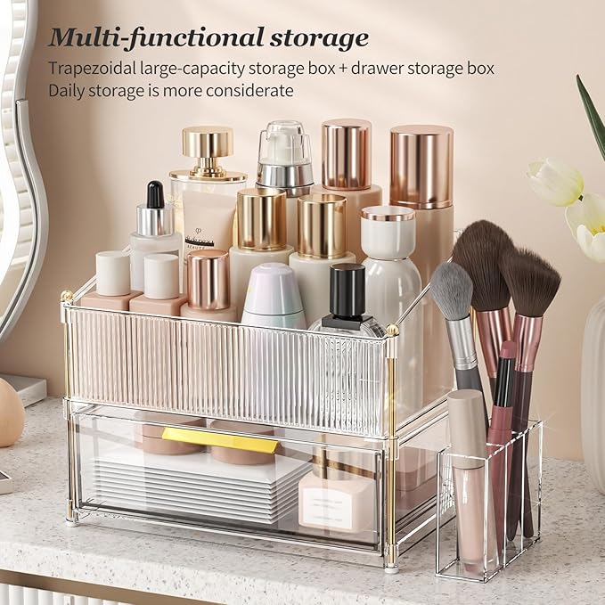 INVSSENE Stackable Makeup Organizer Countertop, Storage Perfume Skincare Cosmetic Lipstick Face Mask Makeup Brush Palettes, Ideal for Vanity Bathroom Counter