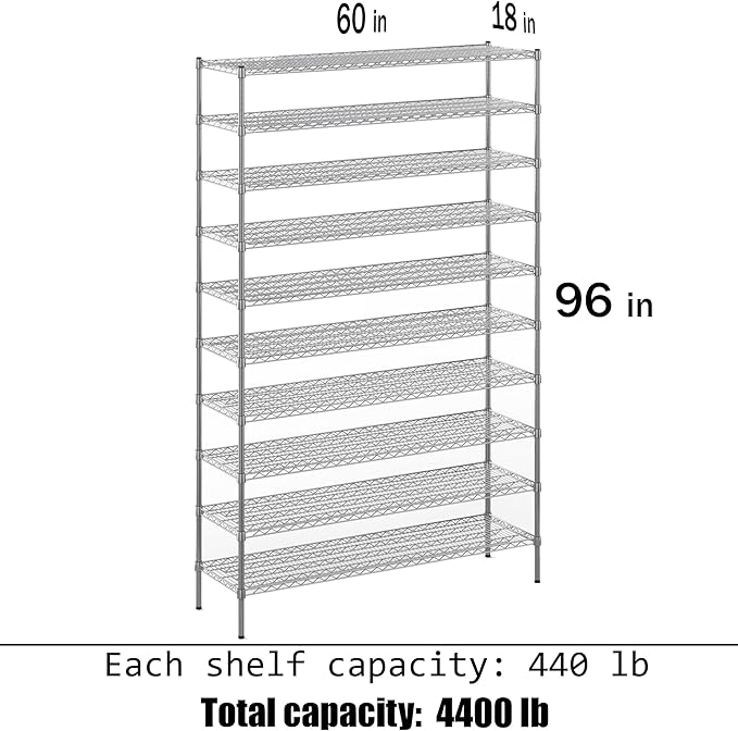 18" Deep x 60" Wide x 96" Height Wire Shelving Kit | 10-Tier | NSF Commercial Storage Rack Unit