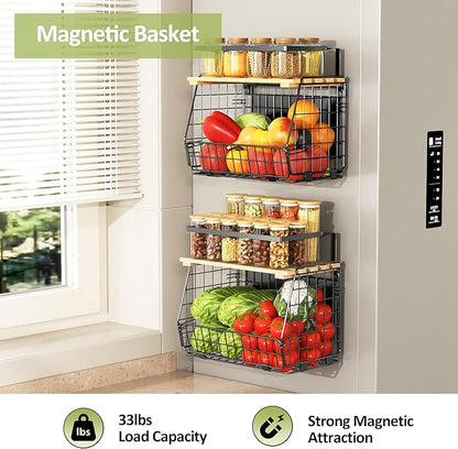 Magnetic Shelf for Fridge with Lid: 2 Pack Fruit Potato and Onion Storage Bin - Magnetic Spice Rack for Refrigerator & Kitchen Counter - Pantry Organizers and Storage