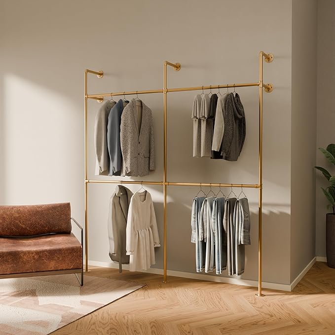 pamo Industrial Pipe Clothing Rack Gold - 794 lbs Capacity - Wall Mounted Clothes Rack and Walk In Closet for Wardrobe