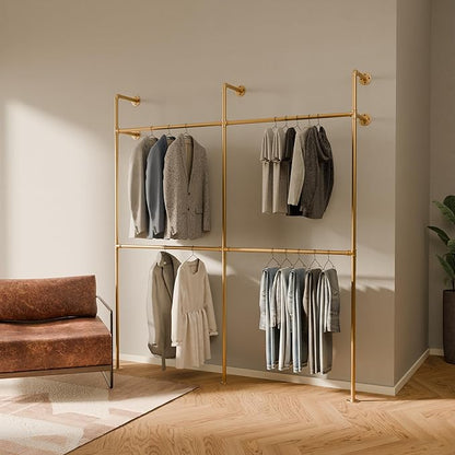 pamo Industrial Pipe Clothing Rack Gold - 794 lbs Capacity - Wall Mounted Clothes Rack and Walk In Closet for Wardrobe
