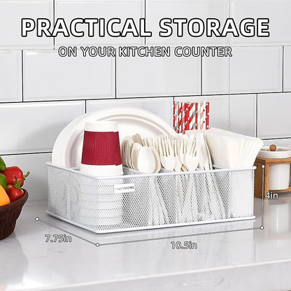 VIKEYHOME Paper Plate Organizer, Metal Silverware Caddy with 6 Compartments for Knives, Spoons, Cups, Forks, Napkins, Utensil Holder for Party, Camping, Picnic, White