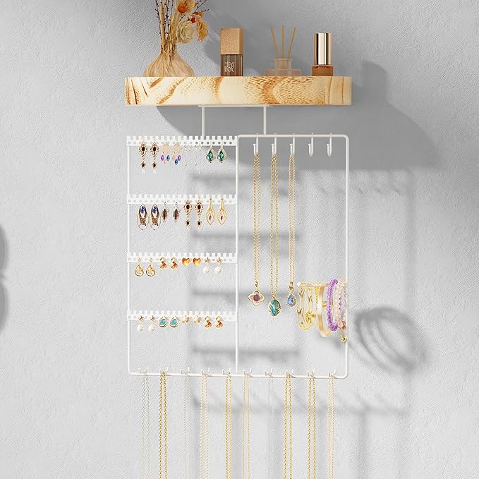 Lolalet Hanging Jewelry Organizer with Wood Shelf, 6-Tier Wall Mount Jewelry Holder with Earrings Holder Bracelets Holder Necklaces Hooks, Jewelry Display Rack for Wall Bathroom -White