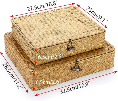 Hipiwe Set of 2 Flat Woven Wicker Storage Bins with Lid Natural Seagrass Basket Boxes Multipurpose Home Organizer Bins Boxes for Shelf Organizer, Caramel