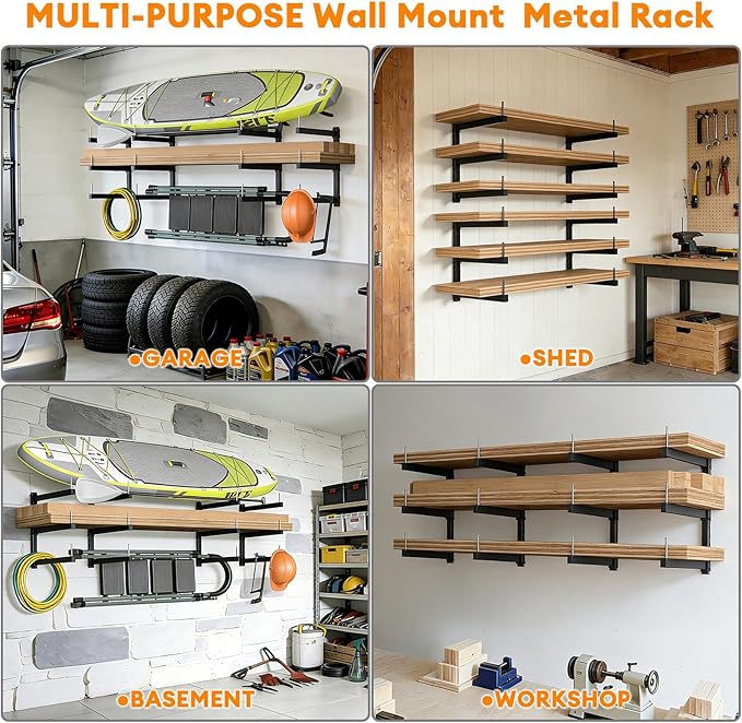 Lumber Storage Rack Wall Mount - Wood Storage Racks Heavy Duty Metal Shelf Wall Mount Wood Organizer Racks for Shed, Workshop, Garage, Basement, Wall Storage Racks - Indoor & Outdoor Use