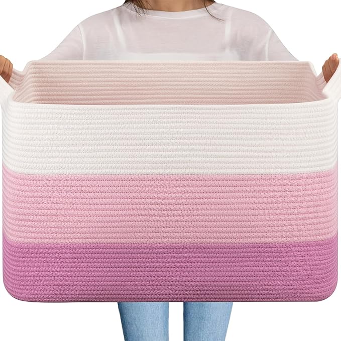 OIAHOMY Extra Large Blanket Basket, 95L Cotton Rope Woven Laundry Basket, Toy Bin for Baby Room, Container for Blanket Storage in Living Room, 24''×17''×14'', Gradient Pink