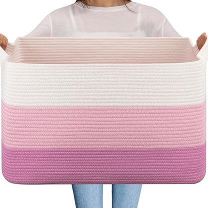 OIAHOMY Extra Large Blanket Basket, 95L Cotton Rope Woven Laundry Basket, Toy Bin for Baby Room, Container for Blanket Storage in Living Room, 24''×17''×14'', Gradient Pink