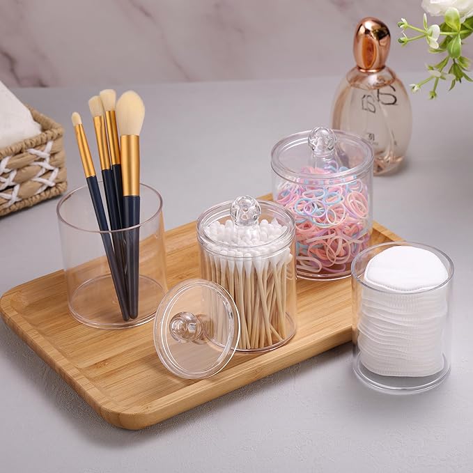 WEISHI 6 Pack Qtip Holder Dispenser -Cotton Ball, Swab, Round Pads, Floss , Small Clear Plastic Apothecary Jar Containers with Lids for Bathroom Storage and Organization, Vanity Organizer