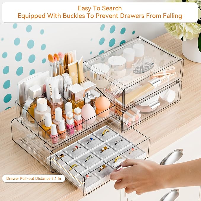 Yieach 4 Tier Clear Acrylic Makeup Organizers with Drawers,Tiered Countertop Make up Storage Organizer for Dresser Top and Bathroom Vanity,Plastic Makeup Stand for Brush,Skincare,Beauty Organizers