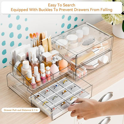 Yieach 4 Tier Clear Acrylic Makeup Organizers with Drawers,Tiered Countertop Make up Storage Organizer for Dresser Top and Bathroom Vanity,Plastic Makeup Stand for Brush,Skincare,Beauty Organizers