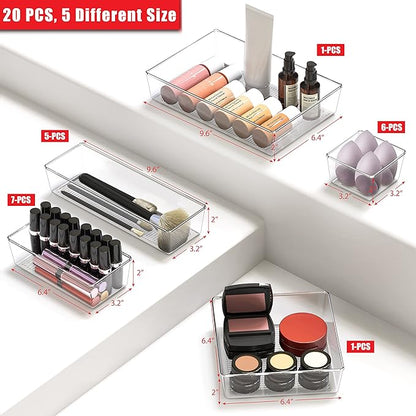 Simple Houseware 20 PCS Clear Plastic Drawer Organizers Set, 5-Size for Makeup, Bathroom, Bedroom and Office