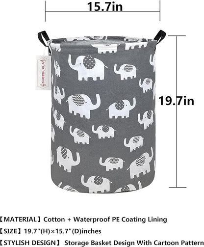 QUEENLALA Large Storage Basket,Laundry Hamper/Bathroom/Home Decor/Collapsible Round Storage Bin,Boys and Girls Hamper/Boxes/Clothing(Round-Elephant)