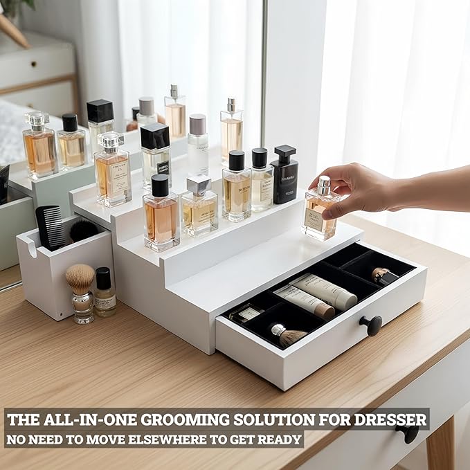 Wooden Cologne Organizer for Men 3 Tier | White Perfume Holder Shelf for Dresser | High Grade Velvet Lining and Stylish Gift Box | Uncluttered Design Perfume Display Stand