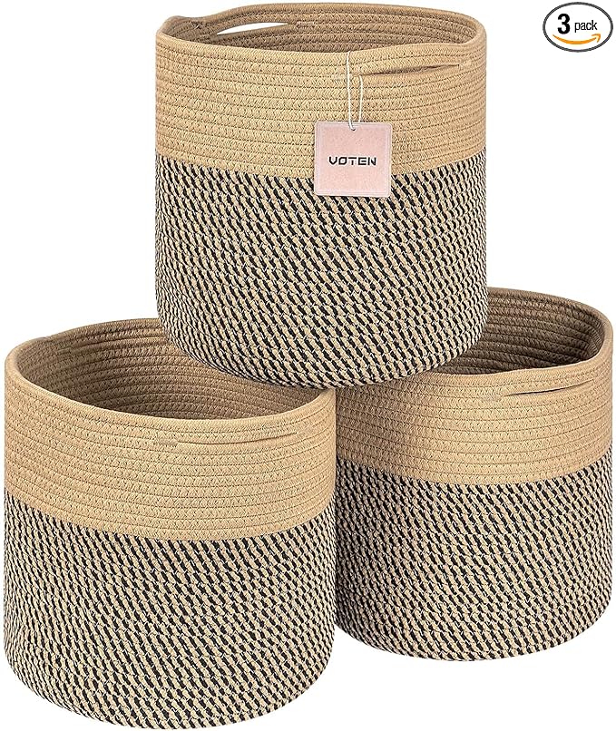 voten Storage Cubes Baskets Bins Organizer 11x11x11'' Fit 12x12''Cube Storage Organizer Bookcases Shelf,Durable Woven Cotton Storage Basket for Organizing,Round 3Pack Camel/Mixed Black
