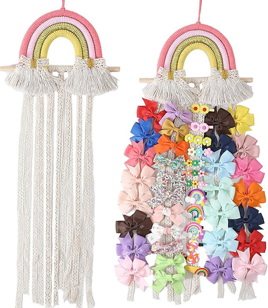 YOcity Bow Holder for Girls Rainbow Hair Bows Organizer for Girls with Lace Ribbon Perfect for Baby Girl Nursery Room Decor (Colorful)