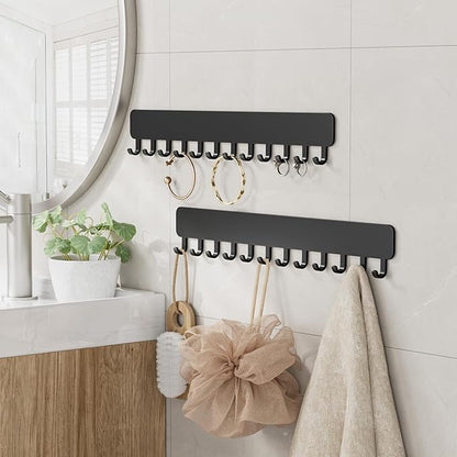 Wall-Mounted Jewelry Organizer, Self-Adhesive Hanging Holder with Hooks for Necklaces, Bracelets, Earrings - Display Storage for Women, 2PCS, Black