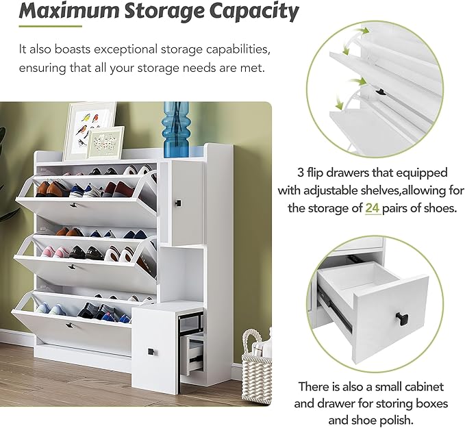 JIVOIT Modern Shoe Cabinet with 3 Flip Drawers and Cabinet, Free Standing Shoe Rack with Pull-Down Seat, Versatile 3-Tier Shoe Storage Organizer for Entryway Hallway (White 7)