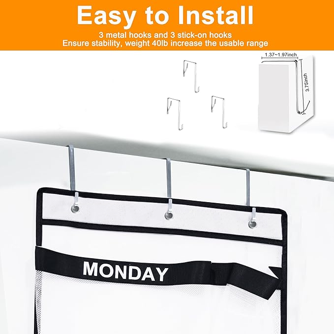 Weekly Kids Clothes Organizer Day of Week School, Over the Door Clothing Storage Organizer from Monday to Friday, Hanging Closet Organizer wtih 3 Metal hooks or Nursery, Bedroom